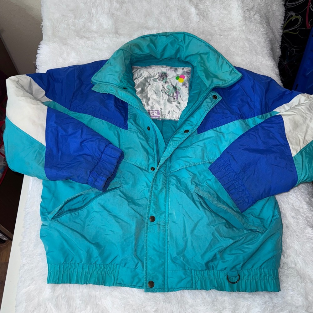 Vintage 80s 90s Color Block Ski Jacket Teal Blue White Retro‎ Windbreaker
